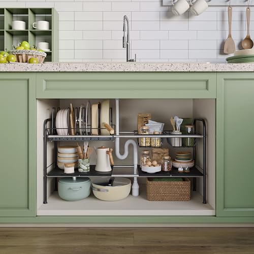 Expandable Under Sink Organizer，Pot and pan Organizer Under Cabinet | Pan Lid Organizer,Expandable Storage shelf with Pan Rack（7 Dividers）,2 Baskets and 4 Panels,Adjustable partition height - size: Multi-functional with pot holder