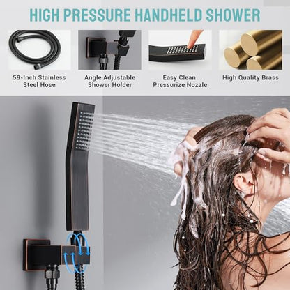 Thermostatic Shower System with 6 Body Jets & 16-Inch Ceiling Rainfall Shower Head, Oil Rubbed Bronze Luxury Full Body Shower Faucet with Handheld Sprayer, Shower Fixtures Set with Valve - color: Oil Rubbed Bronze