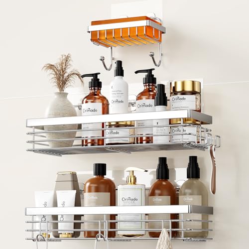 Orimade Adhesive Shower Caddy Soap Dish Holder Shelf with 5 Hooks Bathroom Organizer Basket Kitchen Storage Rack Wall Mounted No Drilling Stainless Steel - 3 Pack,Silver - color: Silver - 2 Pack with Soap Dish