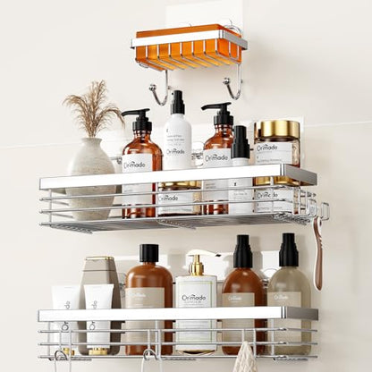 Orimade Adhesive Shower Caddy Soap Dish Holder Shelf with 5 Hooks Bathroom Organizer Basket Kitchen Storage Rack Wall Mounted No Drilling Stainless Steel - 3 Pack,Silver - color: Silver - 2 Pack with Soap Dish