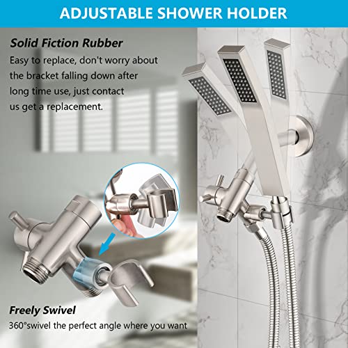 PDPBath Solid Brass 3 Way Shower Arm Diverter Valve with Handheld Holder for Dual Shower Heads with G1/2 Universal Connection - Brushed Nickel - color: Brushed Nickel-2