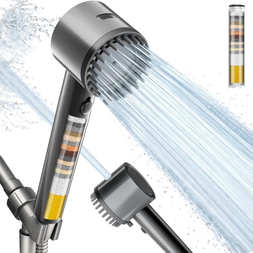 Cobbe Filtered Shower Head with Handheld 5 Spray Mode Gray（2.5 GPM） | High Pressure 4+1 Spray Mode Showerhead with Filters, Built-in Power Wash for Hard Water, Gray（2.5 GPM） - color: Gray