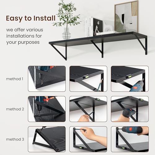 Deep Floating Shelves, 55'' x 10'' Black Wall Shelves Set of 2 | 10 Inch Deep Shelves with Heavy Duty Brackets, Rustic Wood Shelves for Bathroom Living Room, Engineered Wood, 55LBS - color: Black, size: 55W x 10D