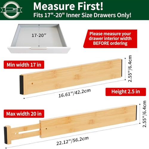 Dunruz Bamboo Drawer Dividers 2.6" High,17"-20" Adjustable Spring Loaded Clothes Drawer Organizers for Kitchen, Dresser, Bathroom, Bedroom and Office - size: 4 Pack 17-20"L