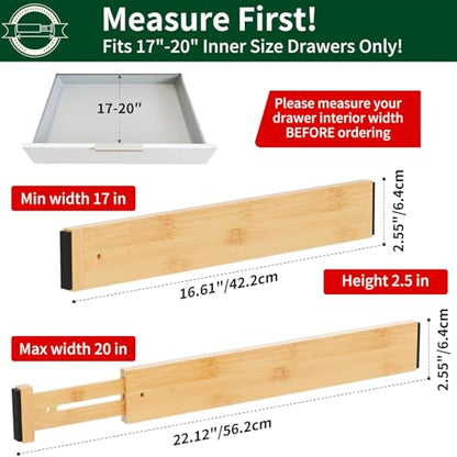 Dunruz Bamboo Drawer Dividers 2.6" High,17"-20" Adjustable Spring Loaded Clothes Drawer Organizers for Kitchen, Dresser, Bathroom, Bedroom and Office - size: 6 Pack 17-20"L