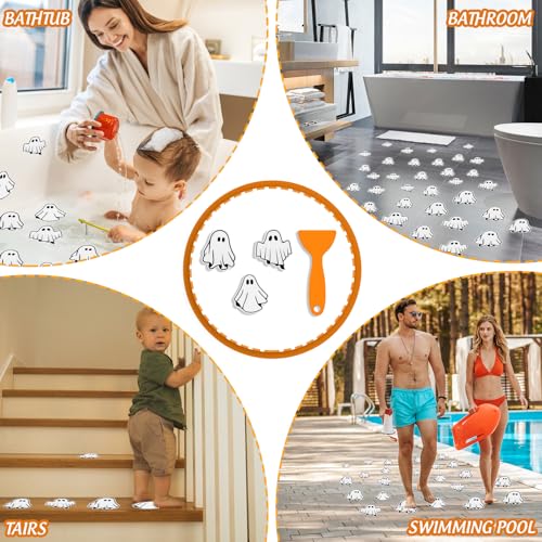 JarThenaAMCS 24 Pcs Halloween Non Slip Bathtub Sticker with Scraper White Groovy Ghost Anti Slip Shower Tread Adhesive Shower Decal for Bathroom Floor Decoration