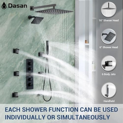 Dasan Thermostatic Dual Shower System with 6 Body Jets, 6-Inch Shower & 16” Rainfall Shower, Luxury Matte Black Shower Faucet Set Rain Shower System for Couples/ 2-Person - color: Matte Black
