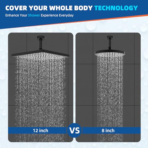 Hibbent cUPC Certified High Pressure 12'' Rain Shower Head, Matte Black | Thickness Metal Showerhead, Square Large Bathroom Rainfall Shower Head, Adjustable Brass Ball, Waterfall Full Body Coverage - color: Matte Black, style: Square 12''