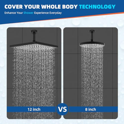 Hibbent cUPC Certified High Pressure 12'' Rain Shower Head, Matte Black | Thickness Metal Showerhead, Square Large Bathroom Rainfall Shower Head, Adjustable Brass Ball, Waterfall Full Body Coverage - color: Matte Black, style: Square 12''
