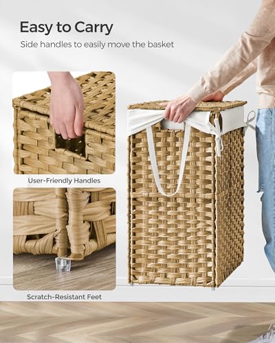 SONGMICS Laundry Hamper with Lid, 23.8 Gallon (90 L) Synthetic Rattan Clothes Laundry Basket with Lid and Handles, Foldable, Removable Liner, Goose Yellow ULCB51NL - color: Goose Yellow, size: 90 L