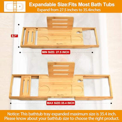 Banlilu Bathtub Tray - Bath Tray Expandable - Bath Tub Tray Table for Bathtub, Ajustable Size, Fits Most Tubs - color: Natural Bamboo Wood
