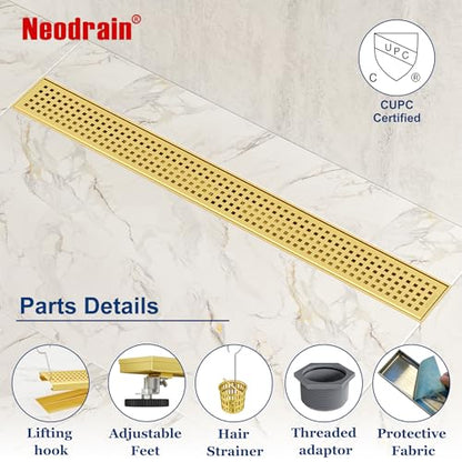Neodrain 24" Linear Shower Drain, Gold 304 SS Bathroom Linear Drain,cUPC | Gold Shower Drain with Quadrato Grate& Adjustable Feet, Long Rectangle Shower Floor Drain in Bathroom, Balcony etc - color: Golden, size: 24 In