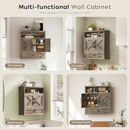 Bathroom Wall Cabinet, Wall Mounted Medicine Cabinet 24.4"H x 23.6"W x 9"D | With Drawer, Barn Doors & Adjustable Shelf, Grey Over Toilet Farmhouse Storage Cabinet for Kitchen, Laundry Room, Entryway - color: Grey