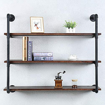 Industrial Pipe Shelves With Wood Planks,Rustic Pipe Shelving Wall Shelf | Metal Pipe Solid Pine Wood,Easy to Assemble,Wooden Board Thickness 0.78 In,For Bar Farmhouse Kitchen Office Bathroom,Bedroom - color: 3-layer, size: 42in