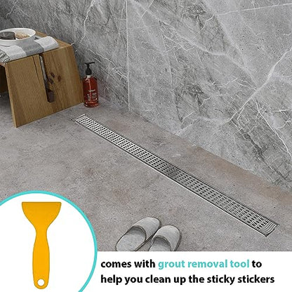 Qeke Disposable Hair Catcher Shower Drain Mesh Stickers, 2.75“ Width, 2Pcs | DIY Shower Drain Cover Hair Catcher for Any Length, 32.8 Foot Hair Stopper for Linear Shower Drain with Removal Tool