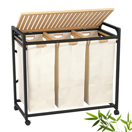 Bamboo Laundry Hamper 3 Section with Lid, 150L Laundry Sorter with Lockable Wheels, Pull-Out Removable Washable Bags, 3 × 12.5 Gal Divided Laundry Baskets for Laundry Room, Bathroom (Black) - color: Black