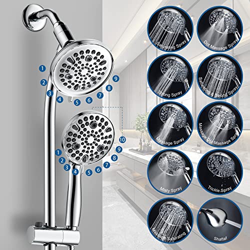 High Pressure Handheld/Rain 82-mode 3-way Shower Head Combo with 25.75" Adjustable Drill-free Stainless Steel Slide Bar, Pet & Tub Power Wash and Anti-clog Nozzles, with 5ft Hose - Polished Chrome - color: Polished Chrome