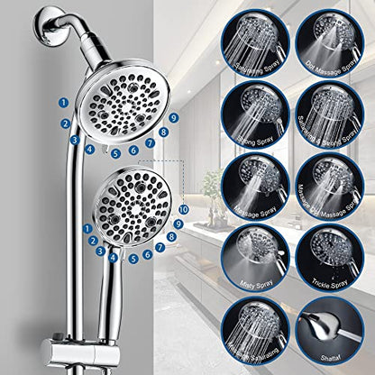 High Pressure Handheld/Rain 82-mode 3-way Shower Head Combo with 25.75" Adjustable Drill-free Stainless Steel Slide Bar, Pet & Tub Power Wash and Anti-clog Nozzles, with 5ft Hose - Polished Chrome - color: Polished Chrome