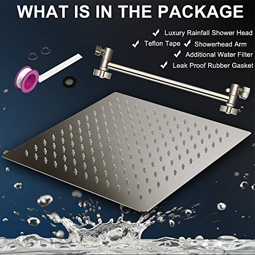 12 Inch High Pressure Showerhead with 11 Inch Arm Nickel | Large Stainless Steel High Pressure Shower Head,Ultra Thin Rainfall Bath Shower with Easy to Clean and Install - color: Brushed Nickel