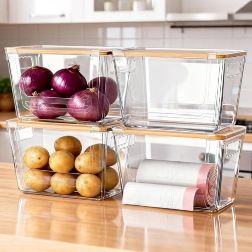 2 Pack Pantry Storage Containers for Onions, Potatoes and Trash Bags | Clear Design for Easy Access, Premium Bamboo Lid, Multi-Functional & Stackable Storage - size: 2 Pack