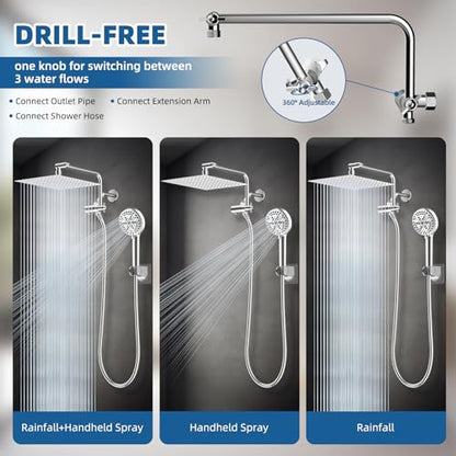 12" Metal Rainfall Shower Head with 10-Mode Handheld, Chrome | NSF/ANSI/CAN 372 Certified, High Pressure Showerhead Combo with 11" Adjustable Shower Arm, 71" Hose, Shower Head Holder - color: Chrome, style: Square 12"