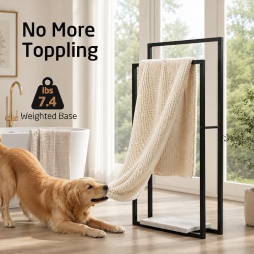 KES Standing Towel Rack, Heavy Marble Base, 2-Tier Floor Stand, Matte Black | 7.39 Lb Marble Base, Prevents Tipping, 34.3" & 38.2" H Fit Bath Sheets, Shelf Storage for Towels and Toiletries