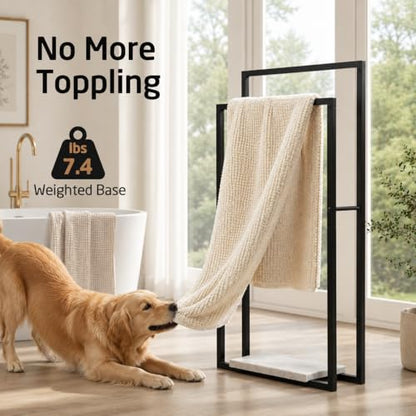 KES Standing Towel Rack, Heavy Marble Base, 2-Tier Floor Stand, Matte Black | 7.39 Lb Marble Base, Prevents Tipping, 34.3" & 38.2" H Fit Bath Sheets, Shelf Storage for Towels and Toiletries