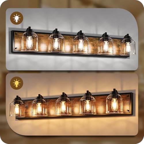 5-Light Bathroom Fixture, 39.8" Large Farmhouse Vanity Light, E26 Base (Bulbs Not Included), Thickened Glass Shade, for Bathroom, Bedroom, Vanity, Hallway, Rustic Brown and Black F21BD05 - size: 5-Light