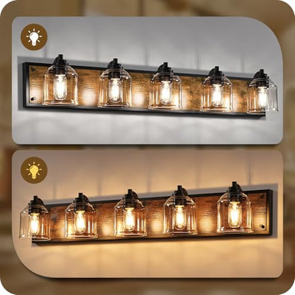 5-Light Bathroom Fixture, 39.8" Large Farmhouse Vanity Light, E26 Base (Bulbs Not Included), Thickened Glass Shade, for Bathroom, Bedroom, Vanity, Hallway, Rustic Brown and Black F21BD05 - size: 5-Light
