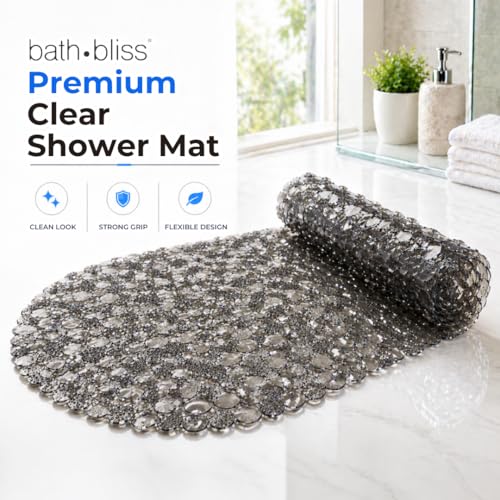 Bath Bliss Non-Slip Pebble Bathtub Mat 18x36 Oval Smoke Color | Suction Cup Shower Mat with Drain Holes | Machine Washable Anti-Slip Tub Mat - color: Smoke