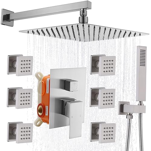 Enga Shower System with Body Jets 12 Inch Wall Mounted Rain Shower and Handheld Sprays Brass Full Body Massage Spa Jets Contain Rough-in Shower Valve, Brushed Nickel - color: Brushed Nickel, style: Wall Mount - 6 Jets