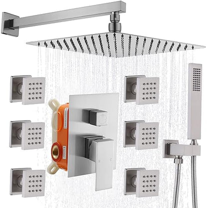 Enga Shower System with Body Jets 12 Inch Wall Mounted Rain Shower and Handheld Sprays Brass Full Body Massage Spa Jets Contain Rough-in Shower Valve, Brushed Nickel - color: Brushed Nickel, style: Wall Mount - 6 Jets