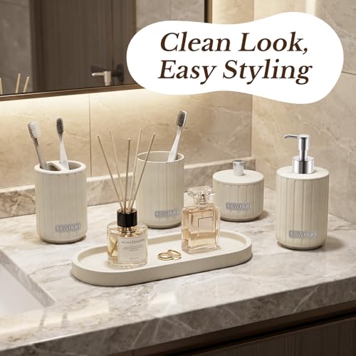Cream Bathroom Accessory Set 5 Piece with Soap Dispenser, Storage Jar, Bathroom Counter Tray, Toothbrush Holder and Toothbrush Cup, Modern Stone-Effect Bathroom Countertop Decor Bath Sets