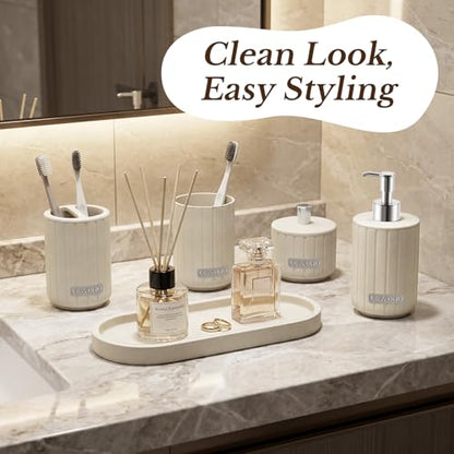Cream Bathroom Accessory Set 5 Piece with Soap Dispenser, Storage Jar, Bathroom Counter Tray, Toothbrush Holder and Toothbrush Cup, Modern Stone-Effect Bathroom Countertop Decor Bath Sets