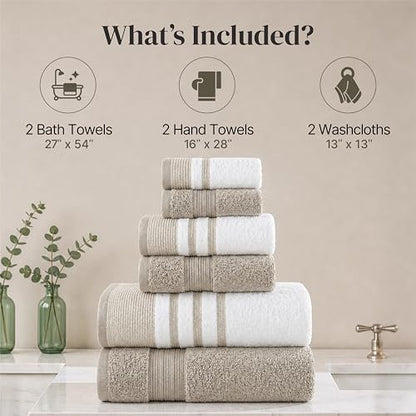Modern Threads 6-Piece Towel Set – 100% Cotton, Quick Dry, Ultra Absorbent – Includes 2 Bath, 2 Hand, 2 Washcloths (White/Reinhart Tan) - color: Brown, style: Classic Stripe