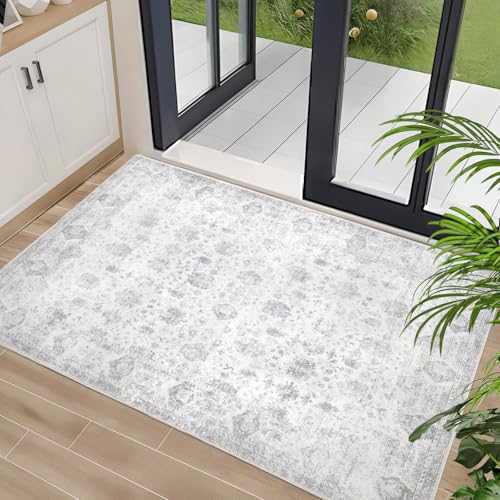Washable 2×3 Area Rug for Entryway Indoor, Vintage Floral Small Area Rug Soft Non Slip Stain Resistant Boho Carpet for Front Door Dinning Room Kitchen Bedroom Grey - color: Grey, size: 2' x 3'