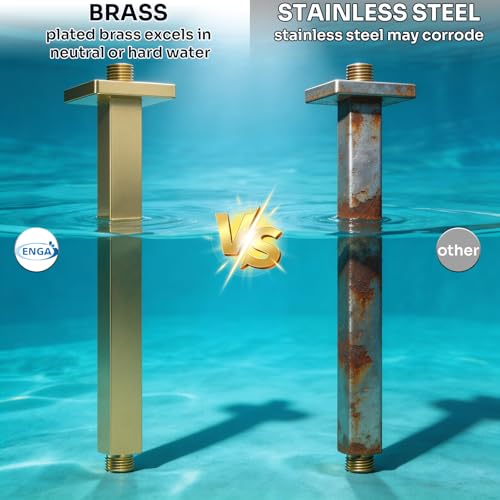 Enga Brass 12 Inch Ceiling Mount Shower Arm and Flange, Square Rain Shower Head Arm, Brushed Gold - color: Brushed Gold, style: 12 Inch