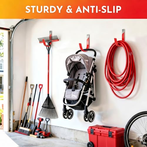 Heavy Duty Metal Garage Hooks Wall Mount 2 Pack, Garage Hanger Utility Storage Hooks for Outside, Hose Rack Suitable for Garage,Garden and Yard,Red - size: Medium