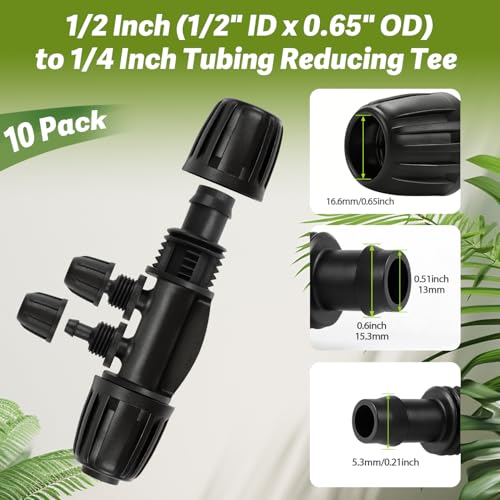 10 Pack 1/2" To 1/4" Drip Irrigation Fittings, 1/2 Inch (1/2" ID x 0.6-0.65" OD) Drip Line to 1/4 Inch Irrigation Tubing Barbed Adapter Anti-Drop Locked Nut Barbed Reducer 4 Way Tee Connectors - size: 1/2" to 1/4" 4-way-10P