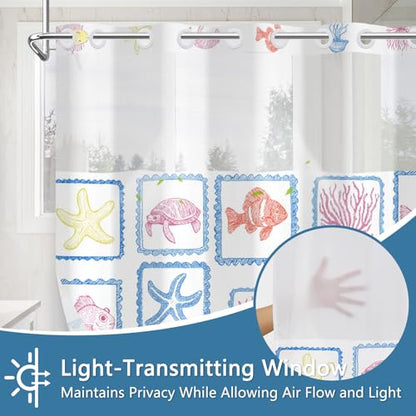 Double Layer Shower Curtains, No-Hook Cute Shower Curtain with Snap-in Weighted Shower Curtain Liner, Water Repellent & Quick-Dry Bath Tub Curtain, Cartoon Ocean Creature Stamp Pattern, 71"W x74"L - color: Ocean Stamps