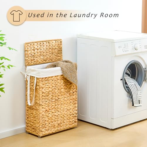 Handwoven Slim Laundry Hamper with Lid, Narrow Wicker Laundry Basket, Natural Water Hyacinth Basket and Handleswith Removable Liner Bag & 2 Mesh Bags (Natural with Lid, 55L) - color: Hyacinth with Lid, size: 55L