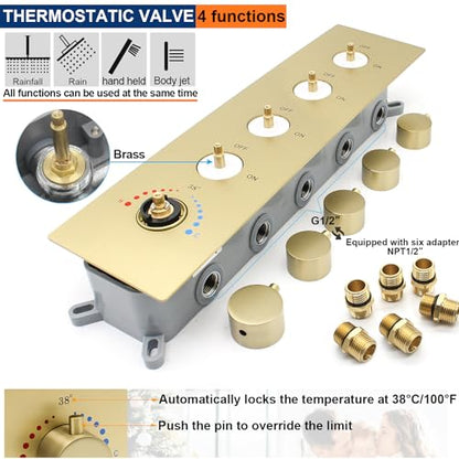 Thermostatic Shower System with 14x20 Inch Ceiling Mount LED Head & 6 Inch Wall Head and Handheld Shower 4 Function Vale with body jets Can All Run Together,Brushed Gold - color: Brushed Gold, style: 14x20 led+6 jets