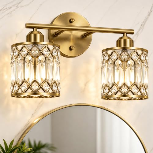 Lxybcce 2-Light Bathroom Vanity Light, 14 in Modern Crystal Bathroom Lighting Fixtures Over Mirror, E26 Hardwired Bathroom Wall Sconce, Brushed Antique Brass - color: Gold, size: 14in