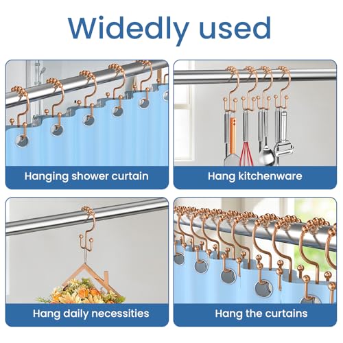 Rose Gold Shower Curtain Hooks Double Sided with Roller Balls | for Bathroom Rods, for Shower Curtain and Liner, Smooth Gliding, Rustproof Metal, Set of 12 Hooks - color: Rose Gold