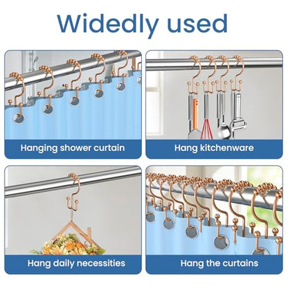 Rose Gold Shower Curtain Hooks Double Sided with Roller Balls | for Bathroom Rods, for Shower Curtain and Liner, Smooth Gliding, Rustproof Metal, Set of 12 Hooks - color: Rose Gold