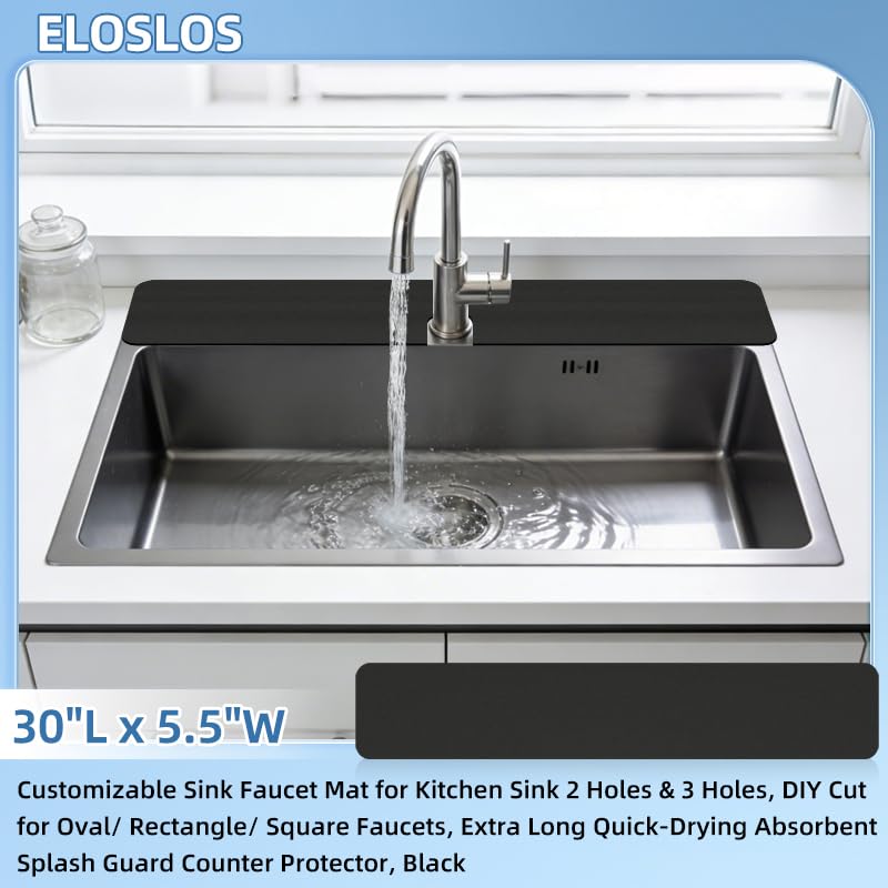30"L x 5.5"W Customizable Sink Faucet Mat for Kitchen Sink 2&3 Holes, Black | DIY Cut for Oval/Rectangle/Square Faucets, Extra Long Coverage, For Splashes & Drips - style: 1 Pcs Black