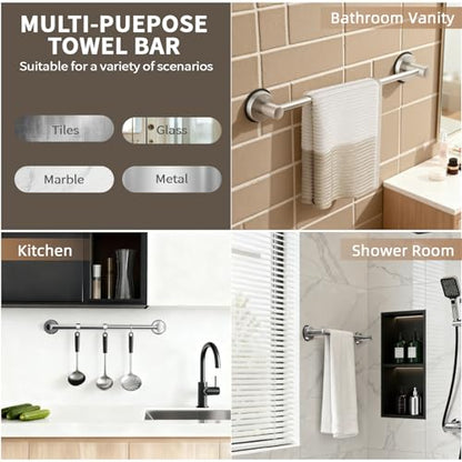 Adjustable Suction Cup Towel Bar Towel Racks for Bathroom 14.6-24" | No Drill Towel Rack, Stainless Steel Towel Bar Heavy Duty Wall Mounted - color: Silver