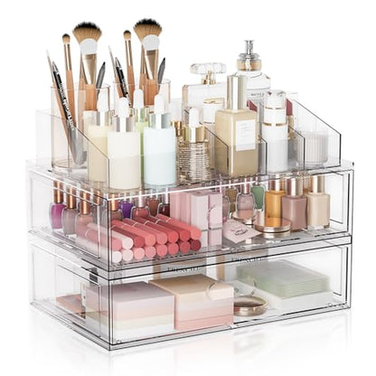 Clear Stackable Makeup Organizer with Drawer, 12''W Acrylic Storage Drawers | Cosmetic Display Case for Vanity Bathroom Countertop Drawers, Beauty Holder for Lipstick Brush Skincare Perfume - size: 3 Pack