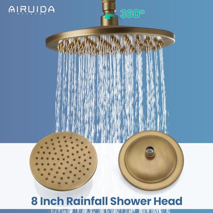 Airuida Antique Brass Exposed Shower System with Handheld Spray | Single Handle,Wall Mount,8 Inch Rainfall Shower Head,Dual Function,Exposed Pipe Fixture for Bathroom - color: Antique Brass