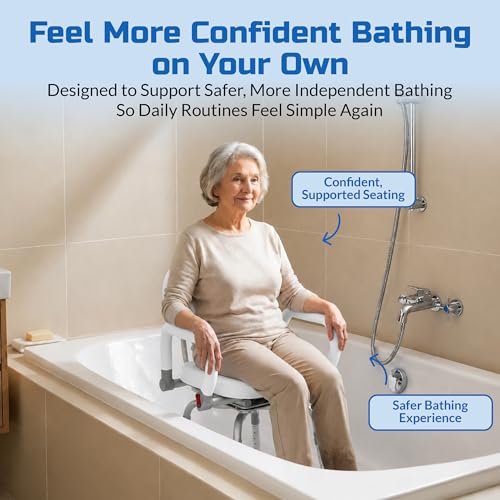 Swival Shower Chair with Padded seat for Inside ShowerFor Senior, Bath Seat | Sit Securely While Bathing - White, padded seat, padded armrests, swivel seat, tool-free assembly, 600 lb